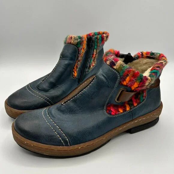 Rieker Boots 41 US 9.5 Blue Leather Felicitas Ankle Booties Sherpa Lined - Picture 1 of 12